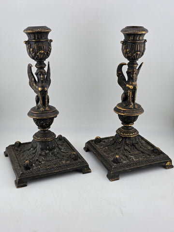 Ultra Rare 19th Century Egyptian Revival Gilt Bronze Sphinx Candlestick Holders