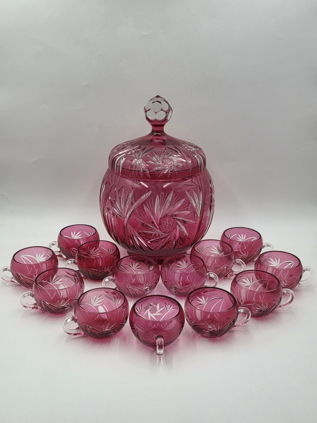 Rare 1940's Vtg Bohemian Cranberry Cut to Clear Crystal Punch Bowl Set w/13 Cups
