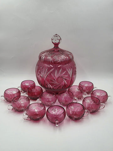 Rare 1940's Vtg Bohemian Cranberry Cut to Clear Crystal Punch Bowl Set w/13 Cups
