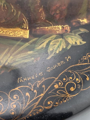 Vintage Russian Fedoskino Lacquer Box Hand Painted Signed Oval Folk Art Jewelry