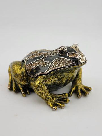 Black & Green Enamel Frog Trinket Box - Jeweled Gold Tone w/ Magnetic Closure