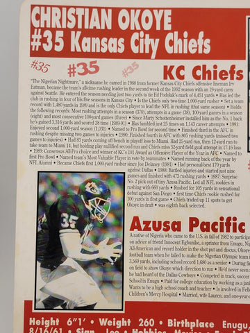 CHRISTIAN OKOYE, 8 x 10 Hand Signed KANSAS CITY CHIEFS Player Bio on Back
