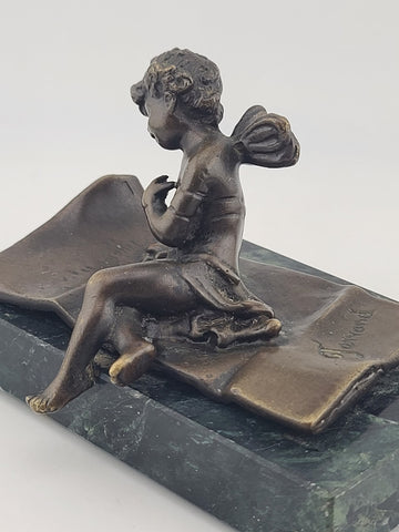Ernest Justin Ferrand Bronze Winged Cupid Sculpture On Marble Base French Art