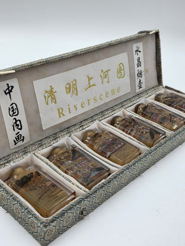RARE RIVERSCENE CHINESE ASIAN PAINTED SET OF 6 SNUFF BOTTLES IN PRESENTATION BOX