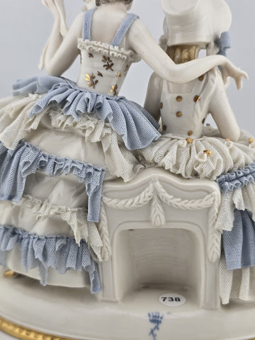 Antique Sitzendorf Dresden Lace Figurine 2 Victorian Ladies Germany Porcelain
