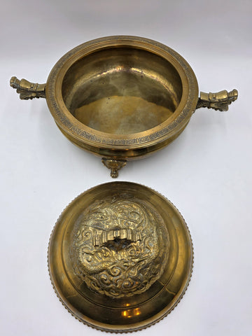 Antique Chinese Brass Dragon Handle Lidded Tureen Qing Hot Pot with Foo Dog Lid