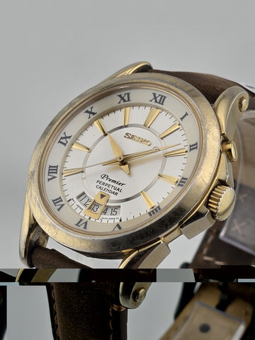 Vintage Seiko Premier SNQ118 Perpetual Calendar Brown Leather Band Mens Watch