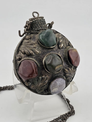 Antique 1900 Imperial Russian Brass & Stone Perfume Bottle Vial Pendant Necklace