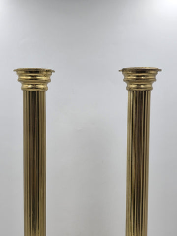 Pair Antique Monumental Brass Fluted Column Candlestick Neoclassical Regency 22”