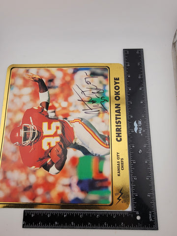 CHRISTIAN OKOYE, 8 x 10 Hand Signed KANSAS CITY CHIEFS Player Bio on Back