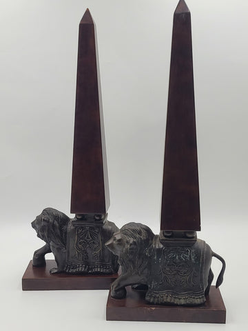 Rare 21" Wildwood Accents Bronze Lion Wood Obelisk Bookends Pair Neoclassical