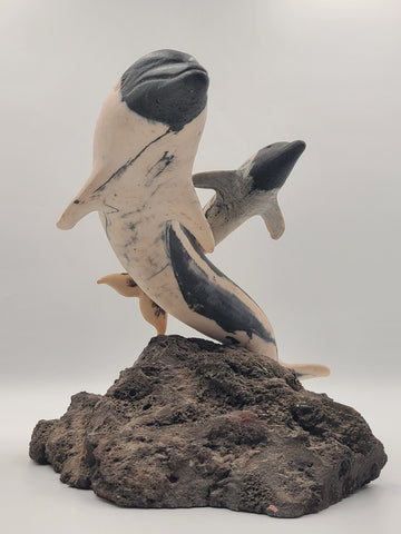Rare Large Signed NLW Ltd Edition Stone Dolphin Sculpture 132/200 on Lava Base