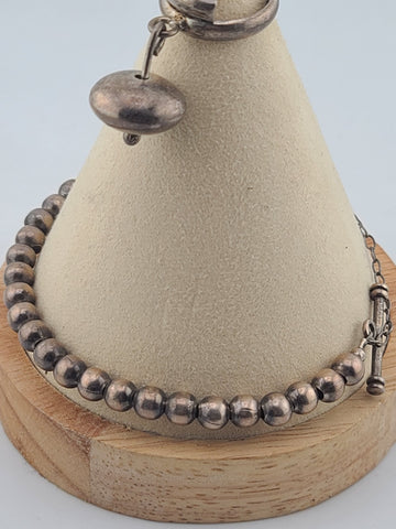 Unique Set Of Sterling Silver Beaded Bracelet & Ring 925 Toggle Clasp w/ Charm