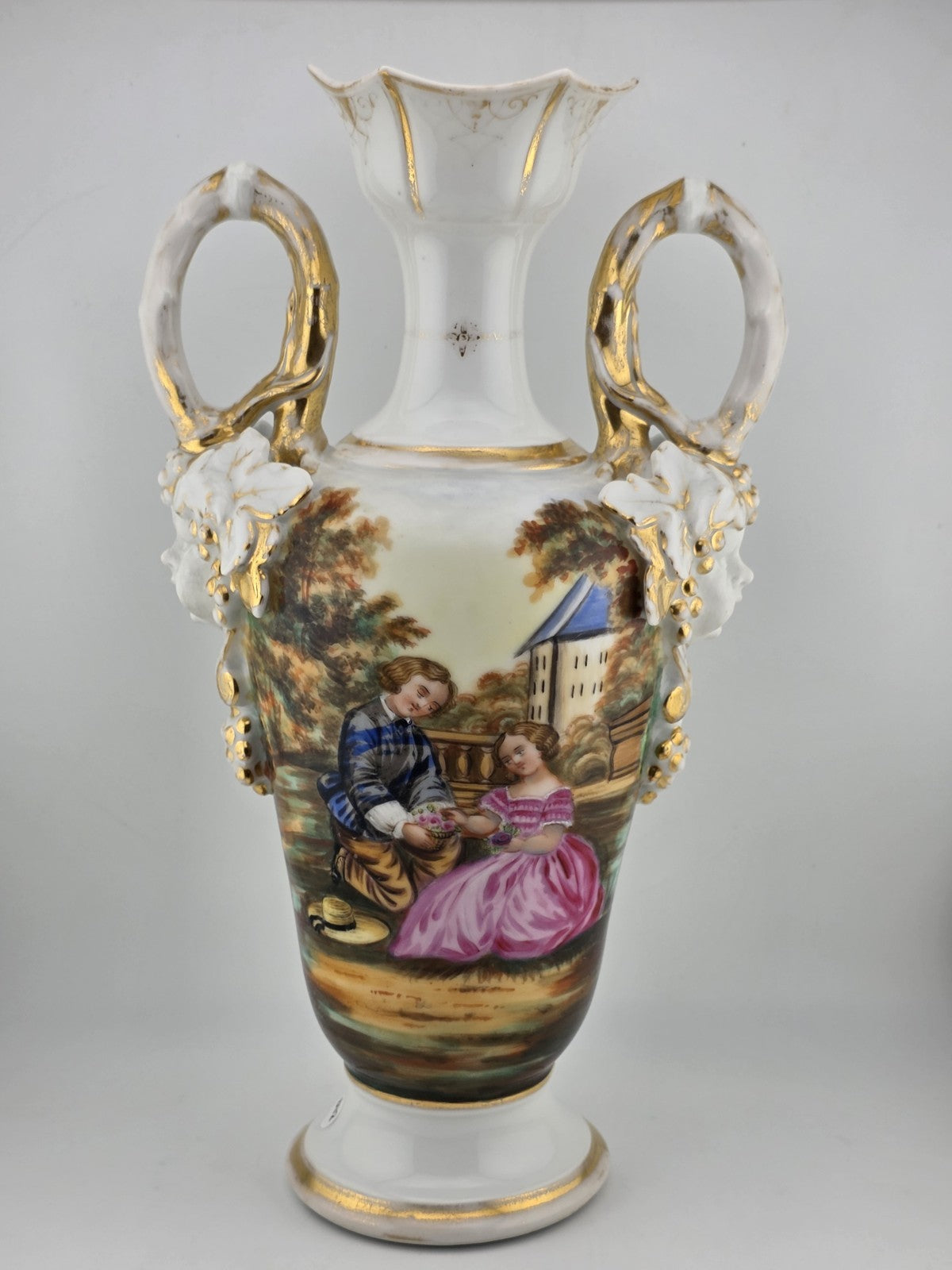 Antique 19thC Hand Painted Porcelain Vase Romantic Scene Gold Gilt Paris Style