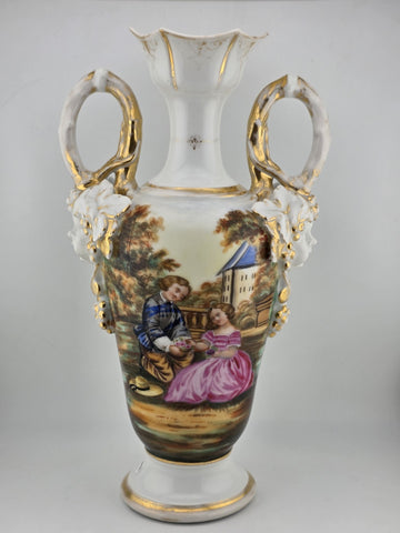 Antique 19thC Hand Painted Porcelain Vase Romantic Scene Gold Gilt Paris Style