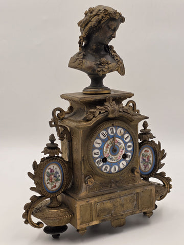 Private: 19th Century Brass & Porcelain Mantel Clock w Eight Day Movement. Works