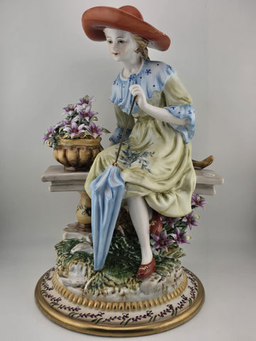 Vintage Dresden RK Germany Large Porcelain Figurine Lady W Parasol Flowers 12”