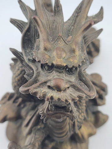 Antique Japan Solid Bronze 8.5" Intricate & Detailed Coiled Dragon w Pearl