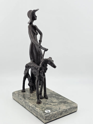 Rare 1930's Art Deco French Bronze Sculpture of Lady Walking Her Greyhound Dog.