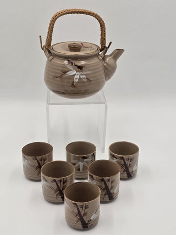 Vintage Japanese Ceramic Tea Set Bamboo Motif Teapot & 6 Cups Stoneware. VG Cond