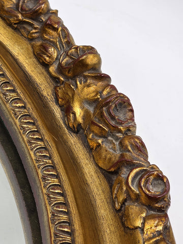 Antique Hand Carved Gilt Wood Oval Mirror Roses Floral Rococo 17” Wall Decor