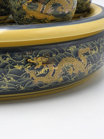 Chinese Qianlong Mark Porcelain Dragon Gongfu Tea Set Teapot 6 Cups Tray. New.
