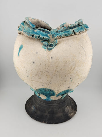 Rare Unique One Of A Kind Vintage Crackled Style Ceramic Vase W 2 Openings.