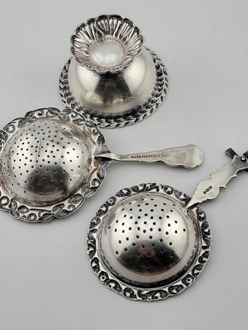 Rare Antique Silver 900 Dutch Loose Leaf Tea Strainers and Rest Dish Ornate