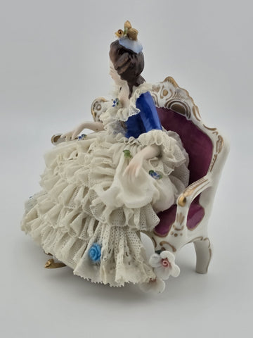 Vintage Sitzendorf Germany Lace Porcelain Lady Figurine Sofa Crown Mark. Read.