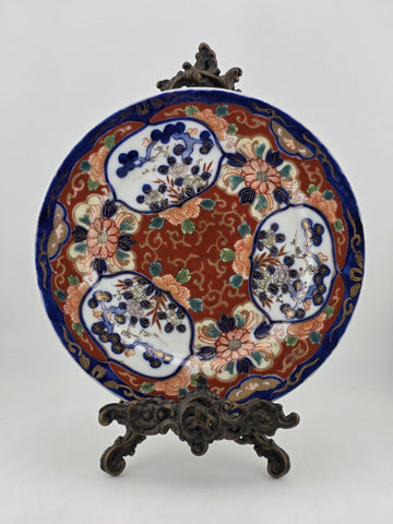 19th C Japanese Imari Plate Meiji Period Red Blue Gold w/ Victorian Brass Easel