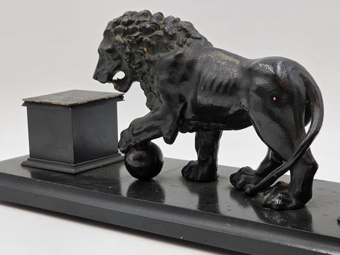 19th C Victorian Cast Iron Lion Double Inkwell Desk Set Antique Black Japanned.