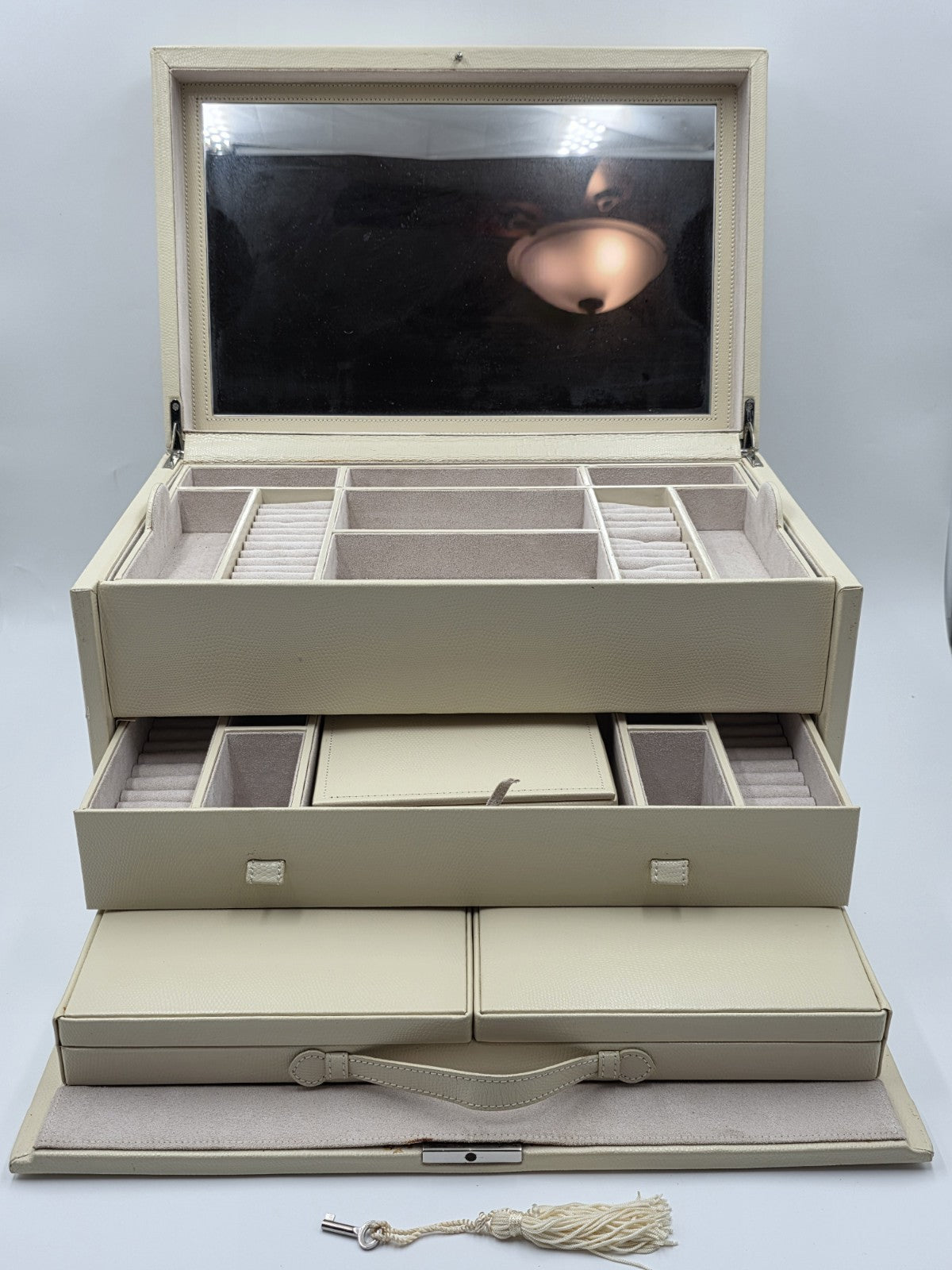 Vintage XL Pottery Barn 4 Level Jewelry Box Organizer Cream Case W Mirror & Key.