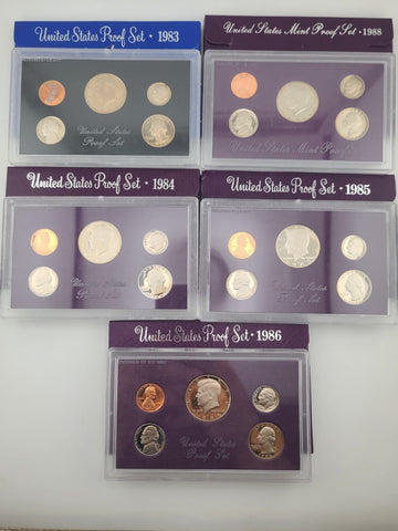 1984, 85, 86 & 89 U.S. Mint Proof Set Lot (5 Sets) Complete Original Packaging