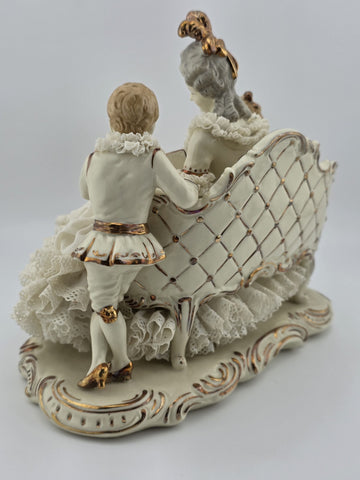 Large Dresden Art Germany Lace Porcelain Figurine Lady w Children W Sofa Reading