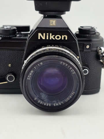 Vintage 70's Nikon EM 35mm Film Camera + 50mm f1.8 Lens + Vivitar Flash Untested