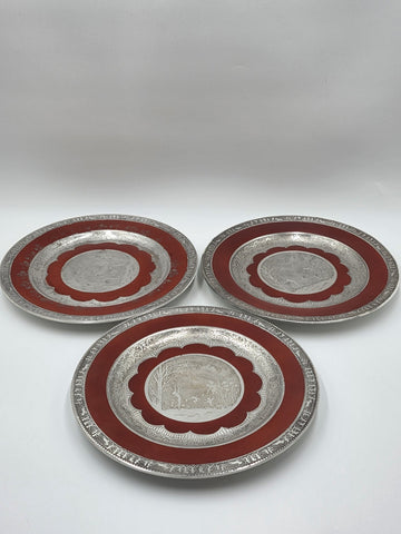 Set of 3 Antique Czech Silver Inlaid Red Enamel Fairy Plates c.1910 Art Nouveau