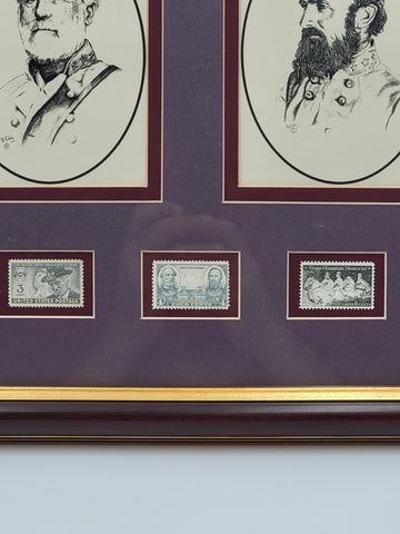 Framed Lee and Jackson Portraits with 1937 Lee/Jackson 4cent Stamp - 13" x 16"
