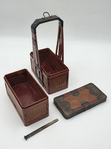 Antique Japanese Meiji Bamboo Picnic Basket Bento Box Woven Basket Complete Case