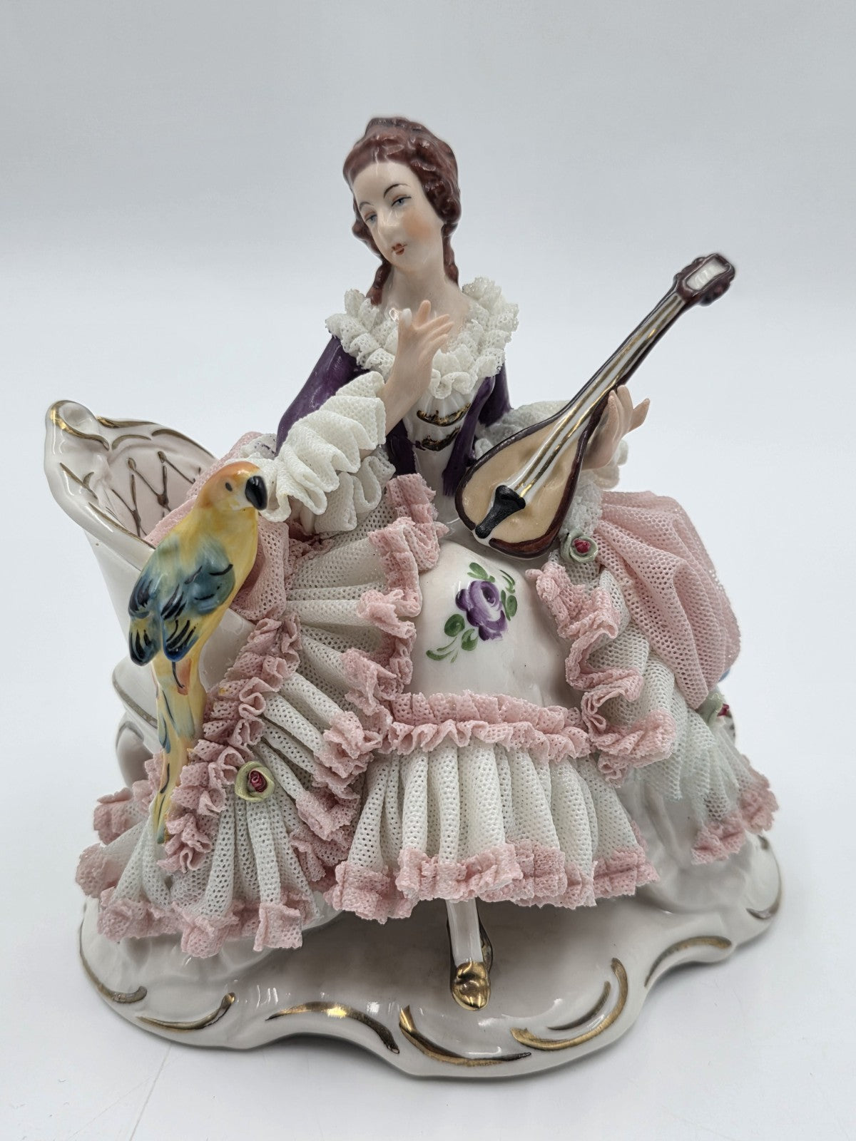 Vintage Dresden Art Germany Lace Porcelain Lady Musician Figurine Bird Bench