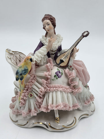 Vintage Dresden Art Germany Lace Porcelain Lady Musician Figurine Bird Bench