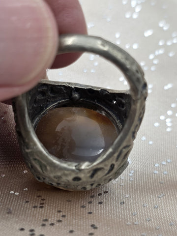 Antique Persian Islamic Silver Agate Men's Ring Ornate Middle Eastern Size 9