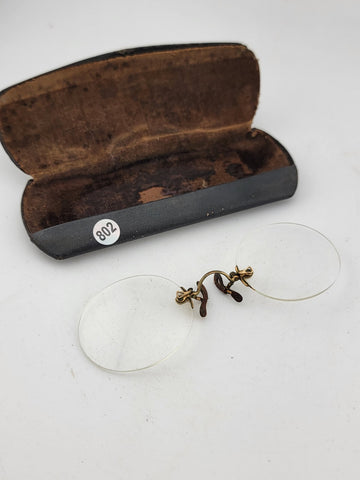 Early Pince Nez Pinch Nose Shell Frame Lens Spectacles w/Case No Frame