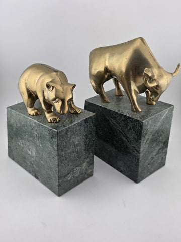 Book Ends Stock Market Bull & Bear MCM Brass and Marble Wall Street Bookends