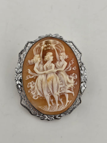 ANTIQUE SUITE OF EXQUISITE ITALIAN CAMEO "THE THREE GRACES" STERLING SILVER.