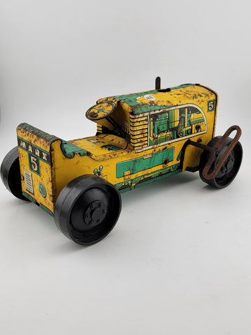 Antique Collectible Marx Yellow Green Keywind Tin Tractor No 5 Winds Up & Runs