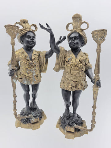 Antique Moorish Blackamoor Figural Cast Bronze Single Candle Holder 15 1/2" tall