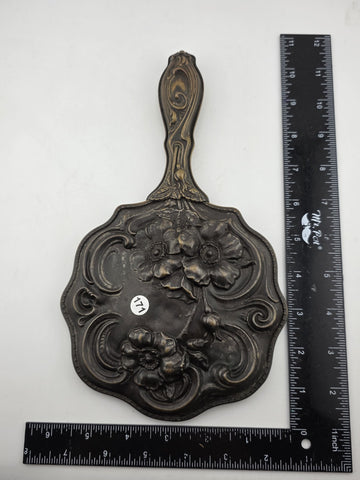 RARE ANTIQUE ART NOUVEAU SILVER PLATED HAND MIRROR REPOUSSE FLOWER DESIGN 1905