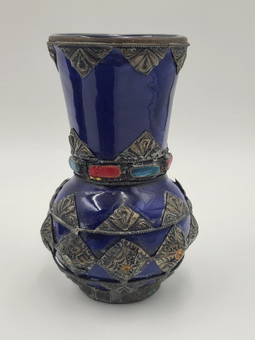 Vtg Mid Century Moroccan Berber Style Cobalt Ceramic Box Vase Metal Inlay Set