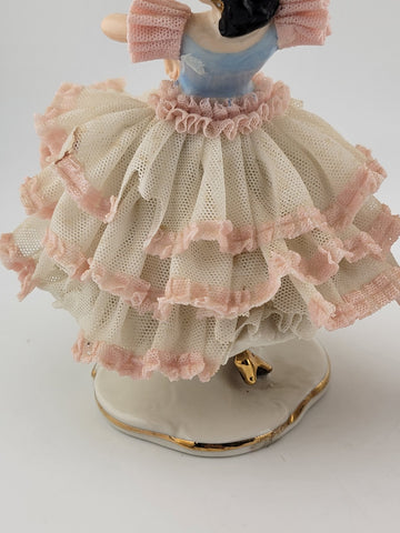 Set Of 2 Volkstedt Germany Dresden Lace Small Ballerina Pink Porcelain Figurines
