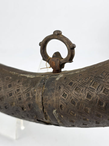 Rare Antique Ornate 19thC Brass Steel Islamic Black Powder Horn Shot Flask C1850